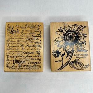 Wood Rubber Stamps Sunflower Wildflower Subway Words Background Set of 2